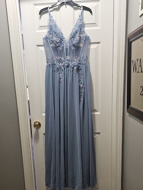 Dusty Blue Floral Applique V-Neck Prom Dress